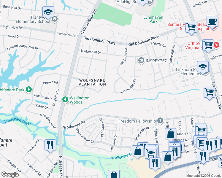 map of restaurants, bars, coffee shops, grocery stores, and more near 1044 Commodore Drive in Virginia Beach