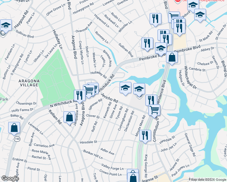 map of restaurants, bars, coffee shops, grocery stores, and more near 728 Spooner Road in Virginia Beach