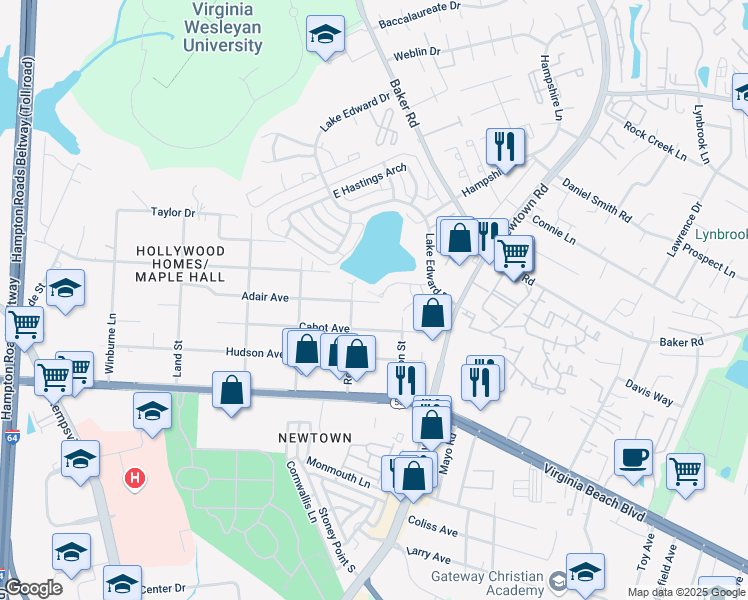 map of restaurants, bars, coffee shops, grocery stores, and more near 6612 Adair Avenue in Norfolk