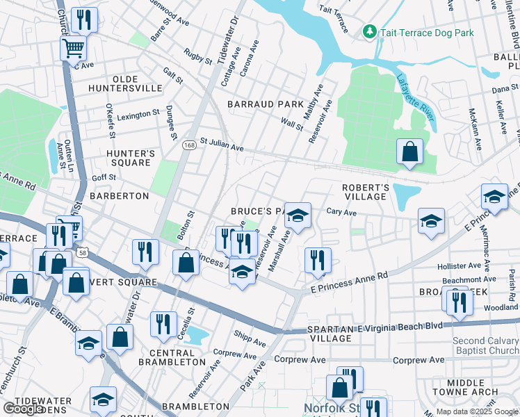map of restaurants, bars, coffee shops, grocery stores, and more near 1336 Hanson Avenue in Norfolk