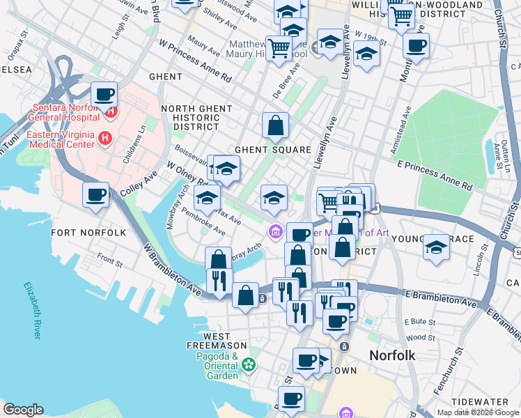 map of restaurants, bars, coffee shops, grocery stores, and more near 338 West Olney Road in Norfolk