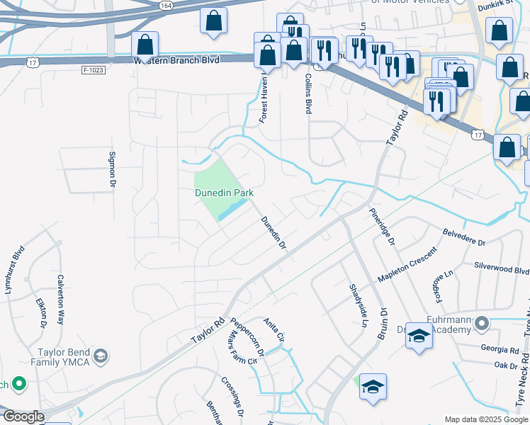 map of restaurants, bars, coffee shops, grocery stores, and more near 3329 Dunedin Dr in Chesapeake