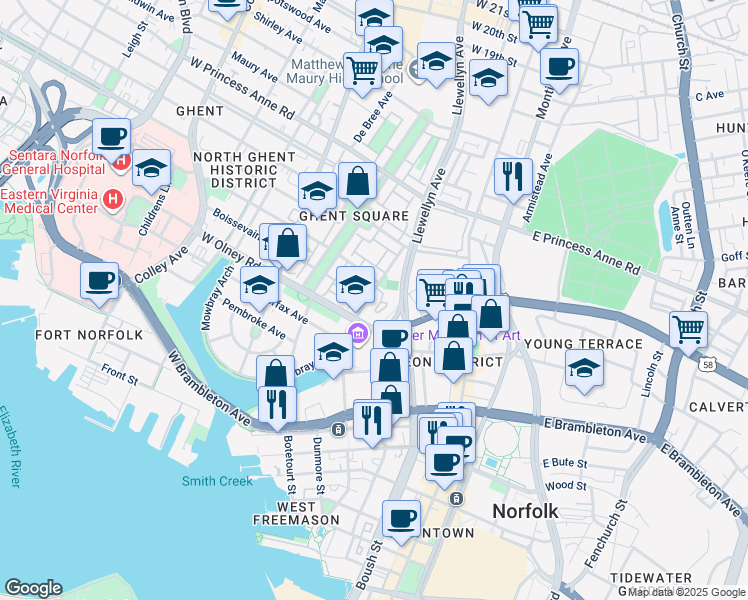 map of restaurants, bars, coffee shops, grocery stores, and more near 696 Mowbray Arch in Norfolk