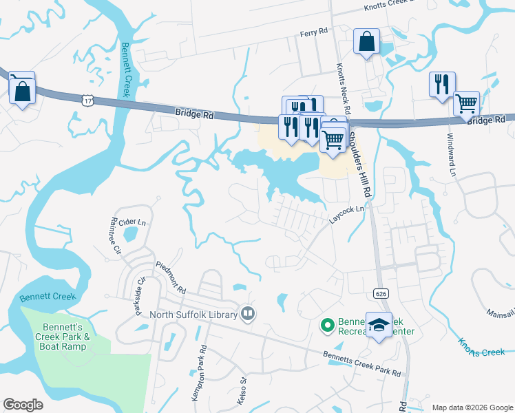 map of restaurants, bars, coffee shops, grocery stores, and more near 5543 Shoulders Hill Road in Suffolk