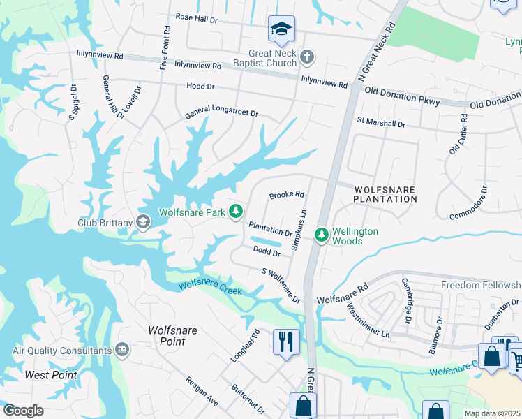 map of restaurants, bars, coffee shops, grocery stores, and more near 809 Brooke Road in Virginia Beach