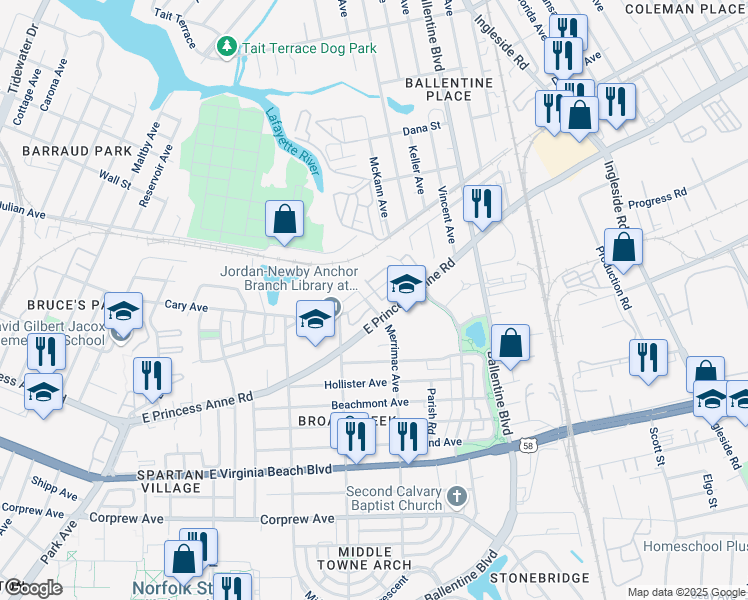 map of restaurants, bars, coffee shops, grocery stores, and more near 1437 Merrimac Avenue in Norfolk