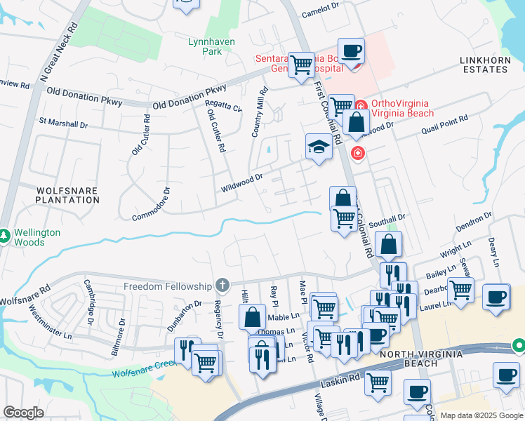 map of restaurants, bars, coffee shops, grocery stores, and more near 907 Wildwood Square Court in Virginia Beach