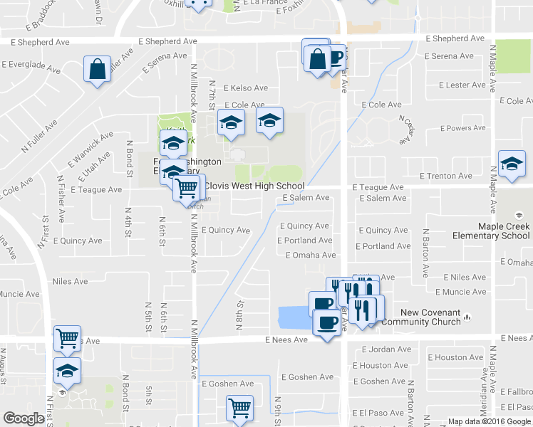 map of restaurants, bars, coffee shops, grocery stores, and more near 8406 North 9th Street in Fresno