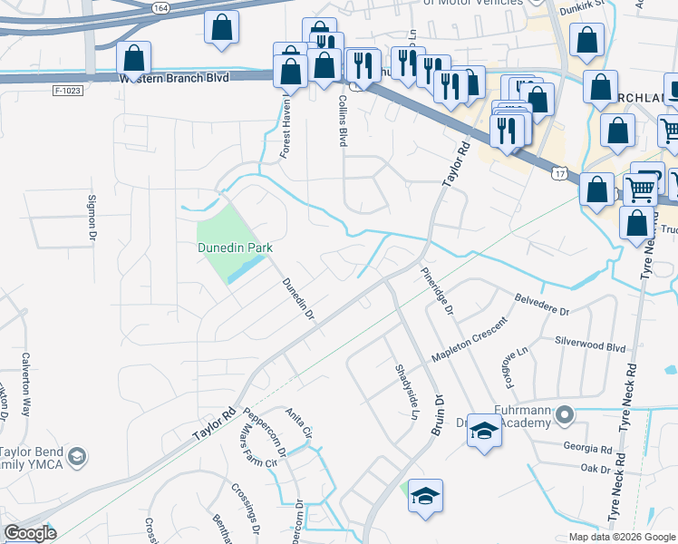 map of restaurants, bars, coffee shops, grocery stores, and more near 3508 Radford Circle in Chesapeake