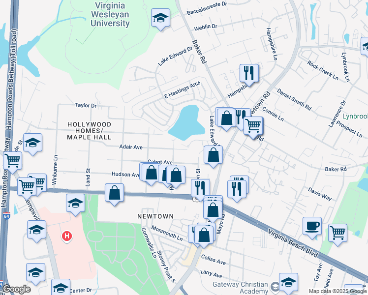 map of restaurants, bars, coffee shops, grocery stores, and more near 6612 Adair Avenue in Norfolk