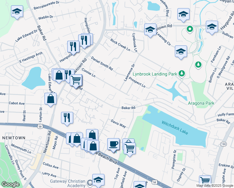map of restaurants, bars, coffee shops, grocery stores, and more near 504 Baker Road in Virginia Beach