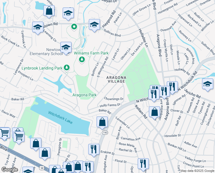map of restaurants, bars, coffee shops, grocery stores, and more near 624 De Laura Lane in Virginia Beach