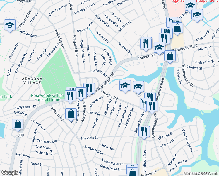 map of restaurants, bars, coffee shops, grocery stores, and more near 725 Spooner Road in Virginia Beach