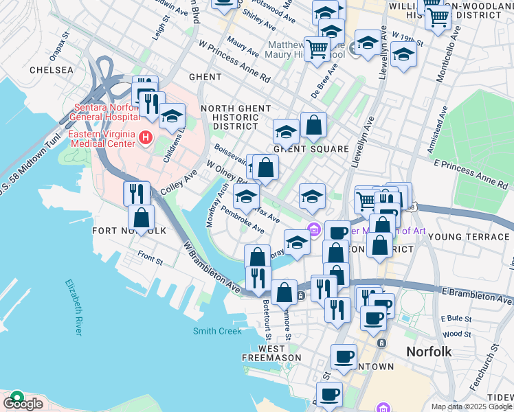 map of restaurants, bars, coffee shops, grocery stores, and more near 500 Colonial Avenue in Norfolk