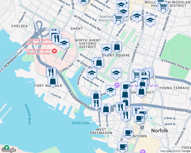 map of restaurants, bars, coffee shops, grocery stores, and more near 500 Colonial Avenue in Norfolk