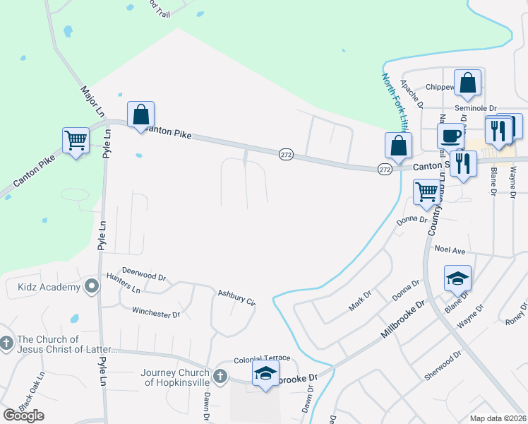 map of restaurants, bars, coffee shops, grocery stores, and more near 248 Lewis Bridge Way in Hopkinsville