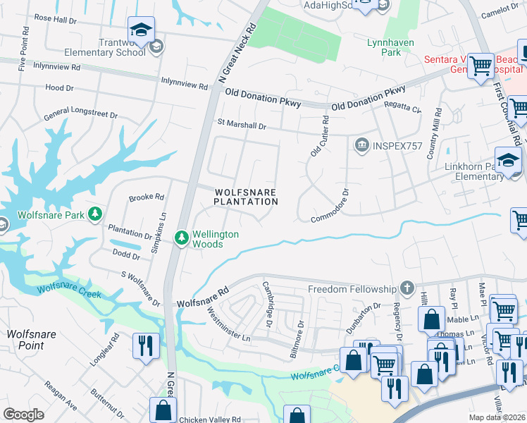 map of restaurants, bars, coffee shops, grocery stores, and more near 805 Duke of Suffolk Drive in Virginia Beach