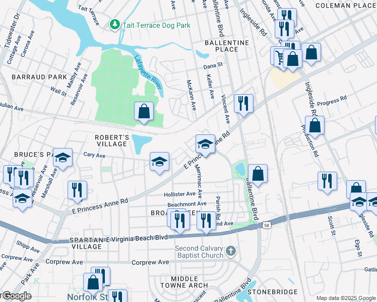 map of restaurants, bars, coffee shops, grocery stores, and more near 1441 Merrimac Avenue in Norfolk
