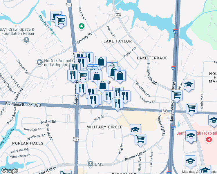 map of restaurants, bars, coffee shops, grocery stores, and more near 8800 O'Conner Crescent in Norfolk