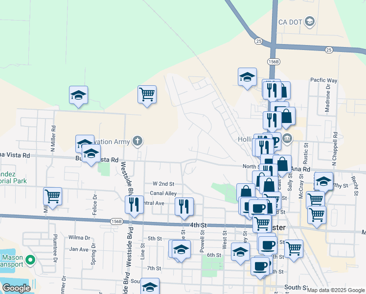 map of restaurants, bars, coffee shops, grocery stores, and more near 600 Buena Vista Road in Hollister