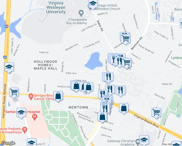 map of restaurants, bars, coffee shops, grocery stores, and more near 6612 Adair Avenue in Norfolk