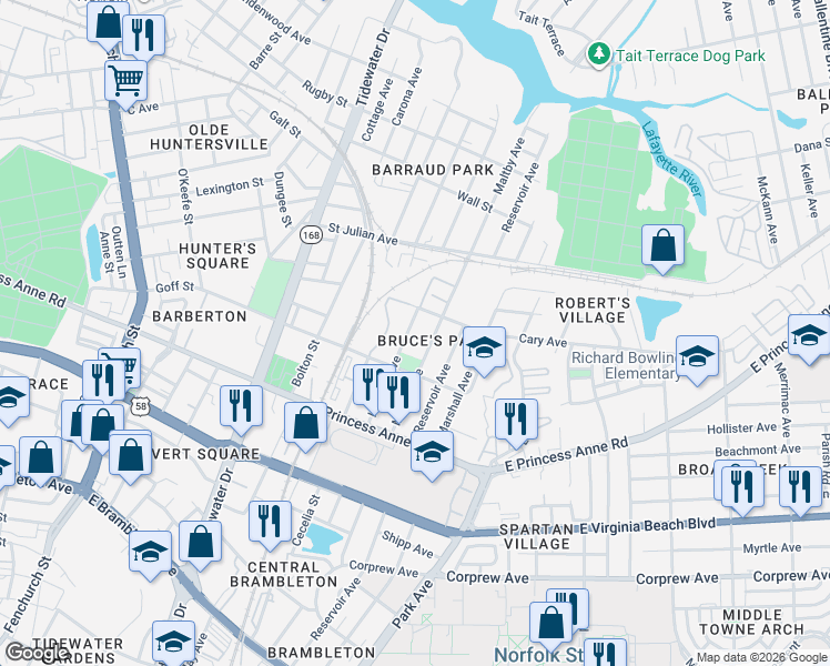 map of restaurants, bars, coffee shops, grocery stores, and more near 1336 Hanson Avenue in Norfolk