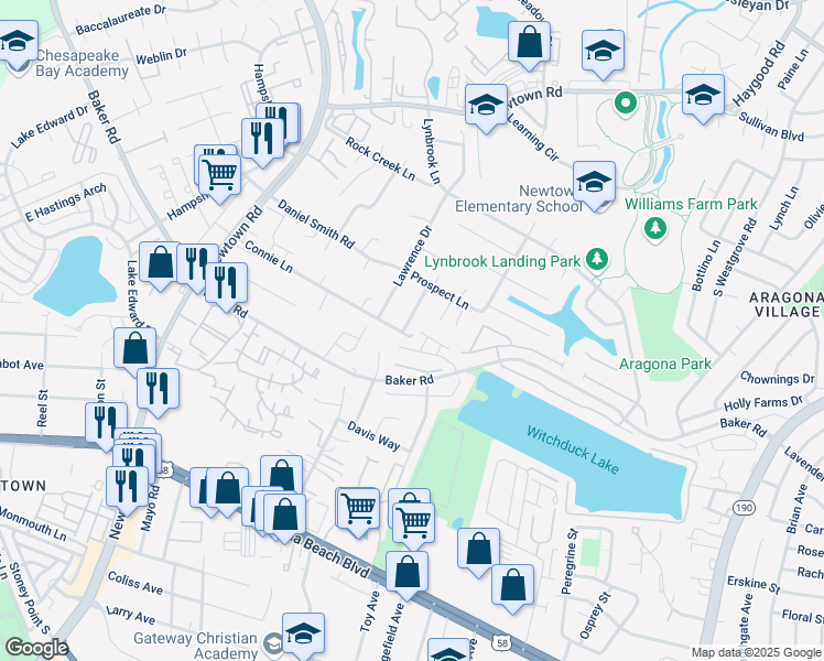map of restaurants, bars, coffee shops, grocery stores, and more near 5448 Connie Lane in Virginia Beach