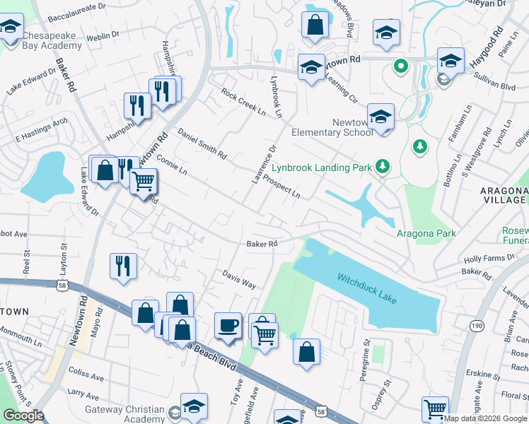 map of restaurants, bars, coffee shops, grocery stores, and more near 5448 Connie Lane in Virginia Beach