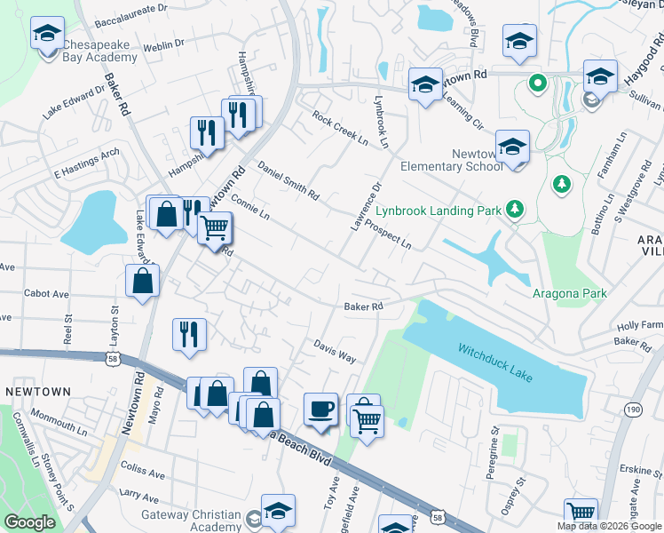 map of restaurants, bars, coffee shops, grocery stores, and more near 504 Baker Road in Virginia Beach