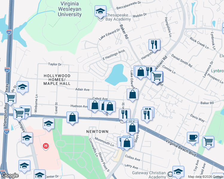 map of restaurants, bars, coffee shops, grocery stores, and more near 6612 Adair Avenue in Norfolk