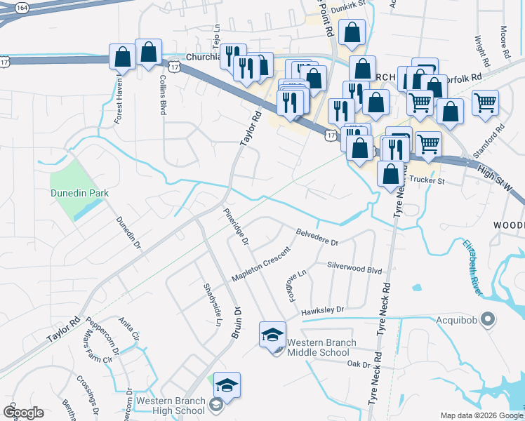 map of restaurants, bars, coffee shops, grocery stores, and more near 4137 Belvedere Drive in Chesapeake