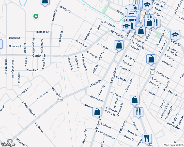 map of restaurants, bars, coffee shops, grocery stores, and more near 2001-2099 High Street in Hopkinsville