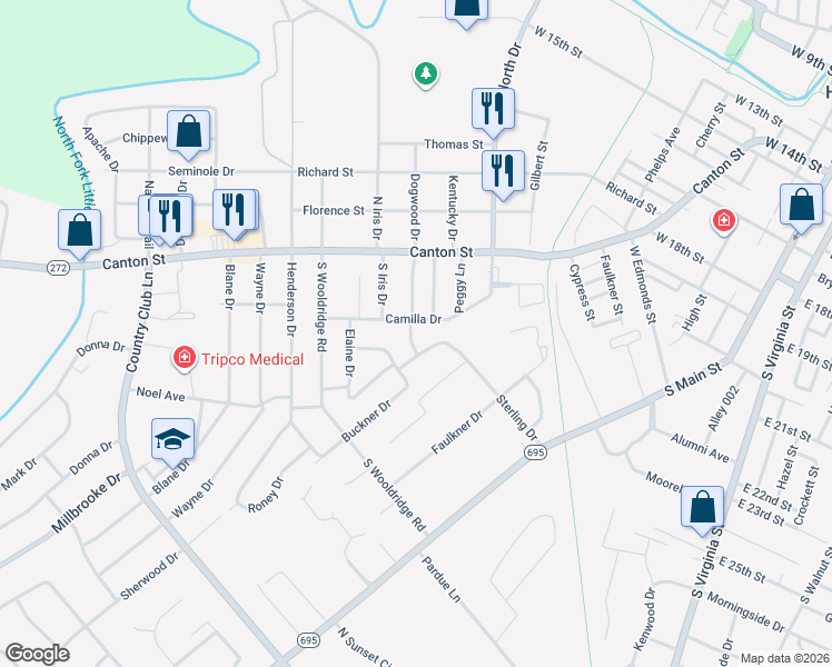 map of restaurants, bars, coffee shops, grocery stores, and more near 408 Evangeline Court in Hopkinsville