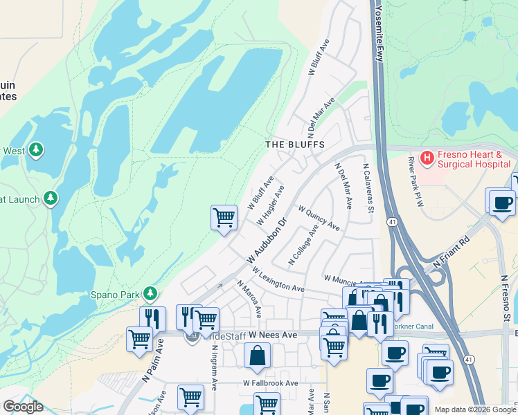 map of restaurants, bars, coffee shops, grocery stores, and more near 394 West Hagler Avenue in Fresno