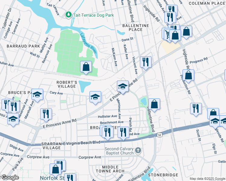 map of restaurants, bars, coffee shops, grocery stores, and more near 1441 Merrimac Avenue in Norfolk