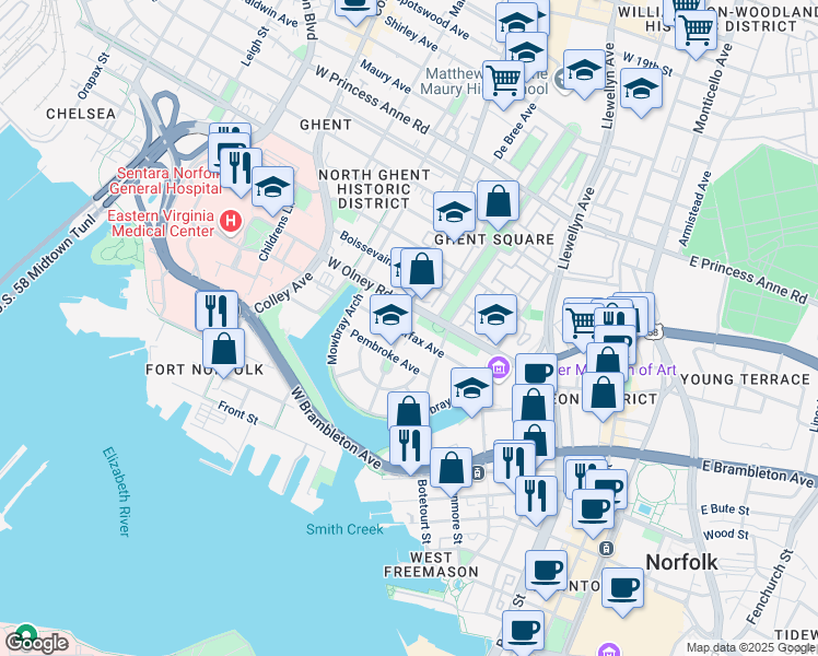 map of restaurants, bars, coffee shops, grocery stores, and more near 502 Colonial Avenue in Norfolk