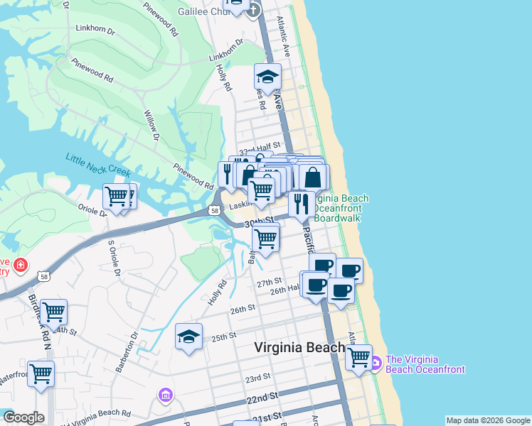 map of restaurants, bars, coffee shops, grocery stores, and more near 401 30th Street in Virginia Beach