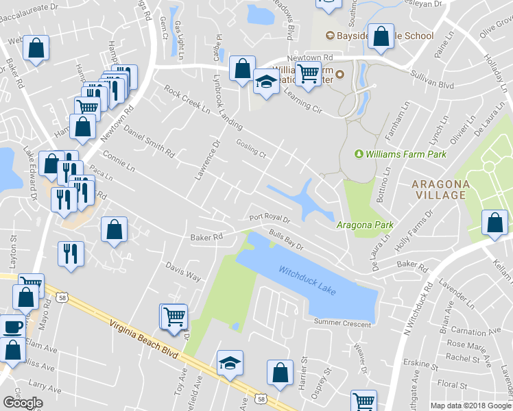 map of restaurants, bars, coffee shops, grocery stores, and more near 601 Pawleys Arch in Virginia Beach