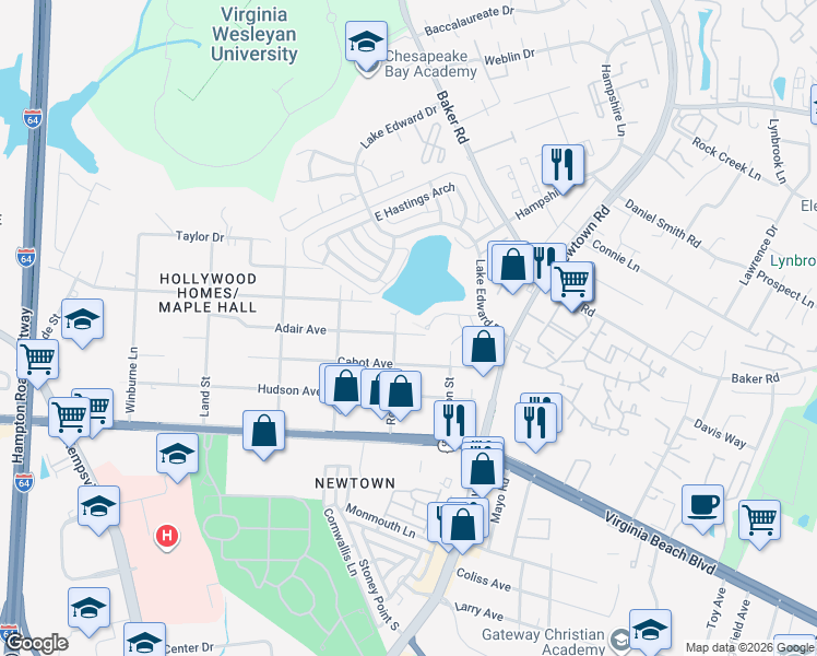 map of restaurants, bars, coffee shops, grocery stores, and more near 6612 Adair Avenue in Norfolk