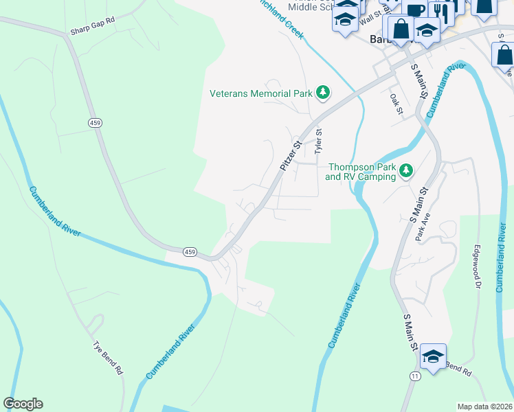 map of restaurants, bars, coffee shops, grocery stores, and more near 711 Pitzer Street in Barbourville