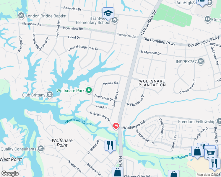 map of restaurants, bars, coffee shops, grocery stores, and more near 816 Plantation Court in Virginia Beach
