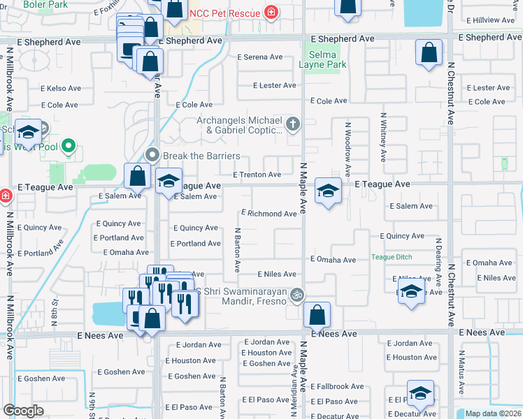 map of restaurants, bars, coffee shops, grocery stores, and more near 1780 East Richmond Avenue in Fresno