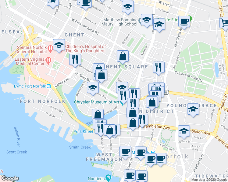 map of restaurants, bars, coffee shops, grocery stores, and more near 338 West Olney Road in Norfolk