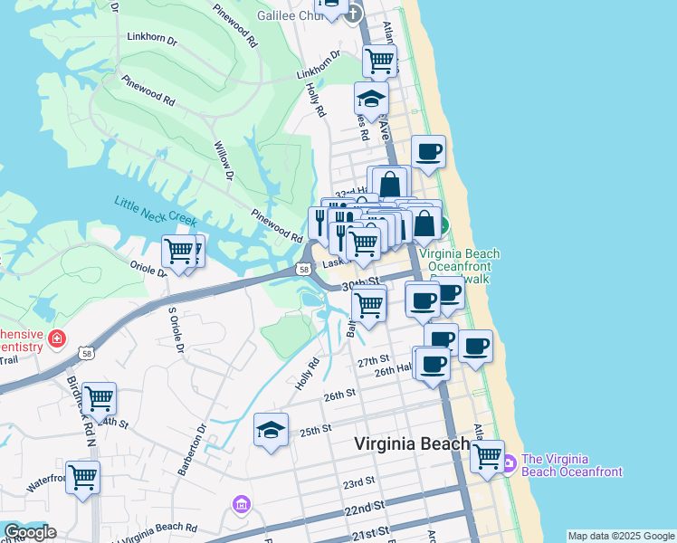 map of restaurants, bars, coffee shops, grocery stores, and more near 521 Laskin Road in Virginia Beach
