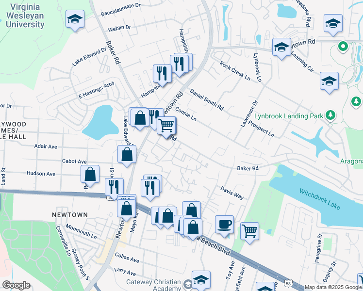 map of restaurants, bars, coffee shops, grocery stores, and more near 524 Summit Court in Virginia Beach