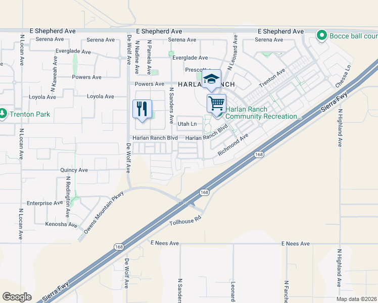 map of restaurants, bars, coffee shops, grocery stores, and more near 3638 Etchings Way in Clovis
