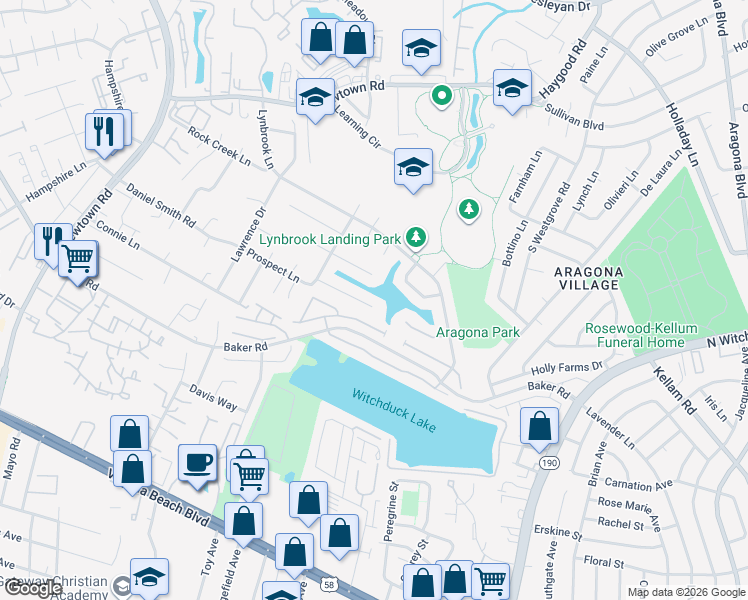 map of restaurants, bars, coffee shops, grocery stores, and more near 5400 Sweetwater Court in Virginia Beach