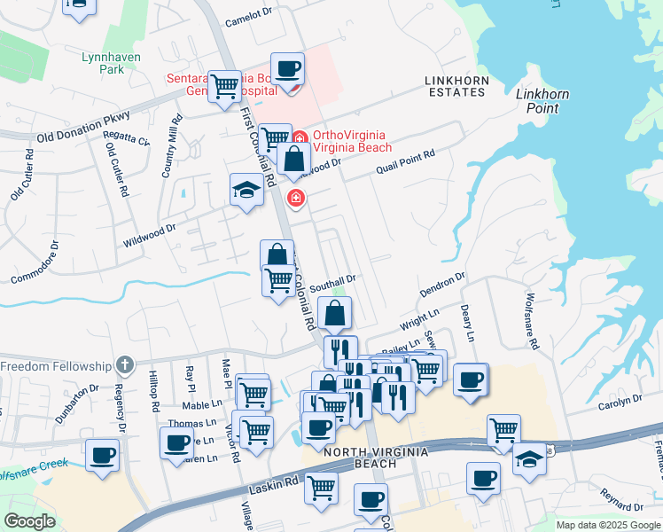 map of restaurants, bars, coffee shops, grocery stores, and more near 1016 Tottenham Lane in Virginia Beach
