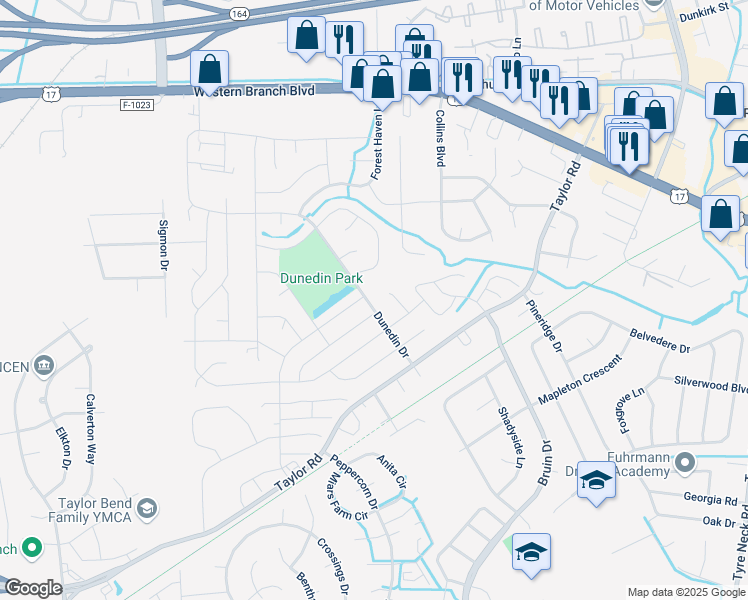 map of restaurants, bars, coffee shops, grocery stores, and more near 3333 Dunedin Drive in Chesapeake