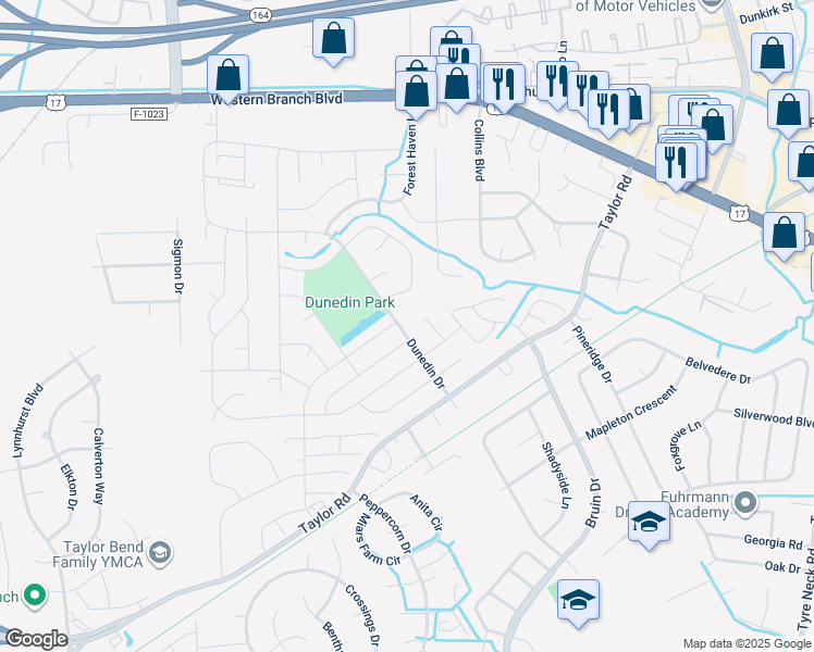 map of restaurants, bars, coffee shops, grocery stores, and more near 3333 Dunedin Drive in Chesapeake
